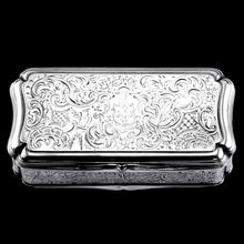 Load image into Gallery viewer, Antique Large Solid Silver Snuff Box Cartouche Shaped with Profuse Hand Engravings - London 1842
