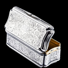 Load image into Gallery viewer, Antique Large Solid Silver Snuff Box Cartouche Shaped with Profuse Hand Engravings - London 1842
