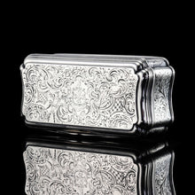 Load image into Gallery viewer, Antique Large Solid Silver Snuff Box Cartouche Shaped with Profuse Hand Engravings - London 1842
