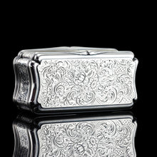 Load image into Gallery viewer, Antique Large Solid Silver Snuff Box Cartouche Shaped with Profuse Hand Engravings - London 1842
