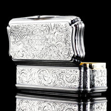 Load image into Gallery viewer, Antique Large Solid Silver Snuff Box Cartouche Shaped with Profuse Hand Engravings - London 1842
