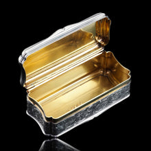 Load image into Gallery viewer, Antique Large Solid Silver Snuff Box Cartouche Shaped with Profuse Hand Engravings - London 1842
