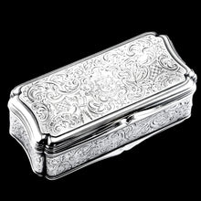 Load image into Gallery viewer, Antique Large Solid Silver Snuff Box Cartouche Shaped with Profuse Hand Engravings - London 1842

