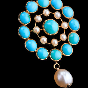Antique Victorian 15ct Gold Turquoise and Pearl Pendant Necklace