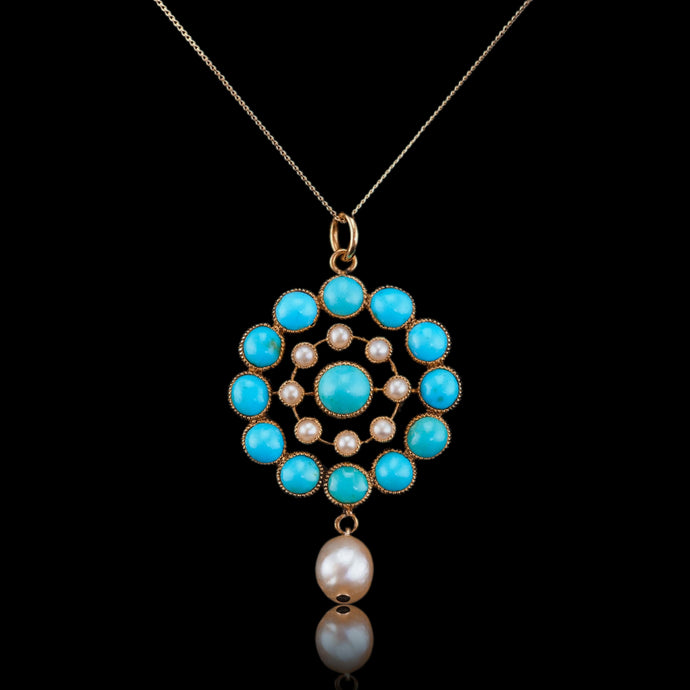 Antique Victorian 15ct Gold Turquoise and Pearl Pendant Necklace - c.1900