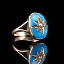 Load image into Gallery viewer, Antique Victorian Blue Enamel &amp; Gold Star Pearl Ring 9K Gold - c.1880
