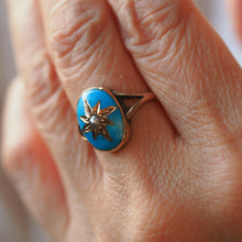 Load image into Gallery viewer, Antique Victorian Blue Enamel &amp; Gold Star Pearl Ring 9K Gold - c.1880
