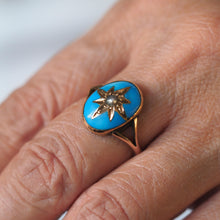 Load image into Gallery viewer, Antique Victorian Blue Enamel &amp; Gold Star Pearl Ring 9K Gold - c.1880
