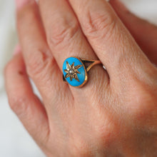 Load image into Gallery viewer, Antique Victorian Blue Enamel &amp; Gold Star Pearl Ring 9K Gold - c.1880
