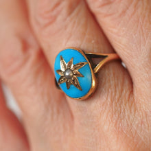 Load image into Gallery viewer, Antique Victorian Blue Enamel &amp; Gold Star Pearl Ring 9K Gold - c.1880
