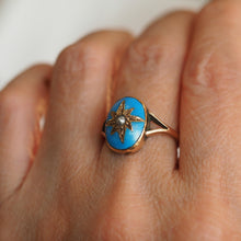 Load image into Gallery viewer, Antique Victorian Blue Enamel &amp; Gold Star Pearl Ring 9K Gold - c.1880
