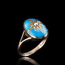 Load image into Gallery viewer, Antique Victorian Blue Enamel &amp; Gold Star Pearl Ring 9K Gold - c.1880
