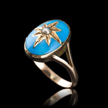 Load image into Gallery viewer, Antique Victorian Blue Enamel &amp; Gold Star Pearl Ring 9K Gold - c.1880
