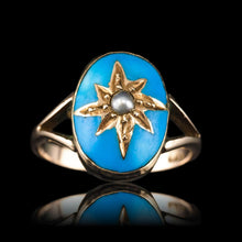 Load image into Gallery viewer, Antique Victorian Blue Enamel &amp; Gold Star Pearl Ring 9K Gold - c.1880
