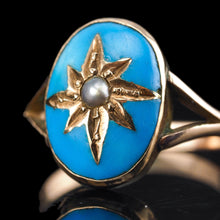 Load image into Gallery viewer, Antique Victorian Blue Enamel &amp; Gold Star Pearl Ring 9K Gold - c.1880
