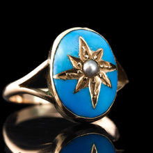 Load image into Gallery viewer, Antique Victorian Blue Enamel &amp; Gold Star Pearl Ring 9K Gold - c.1880
