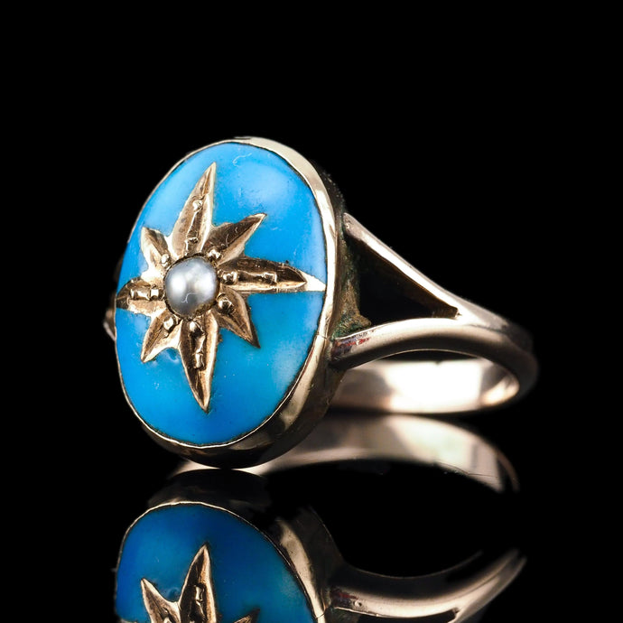 Antique Victorian Blue Enamel & Gold Star Pearl Ring 9K Gold - c.1880