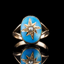 Load image into Gallery viewer, Antique Victorian Blue Enamel &amp; Gold Star Pearl Ring 9K Gold - c.1880
