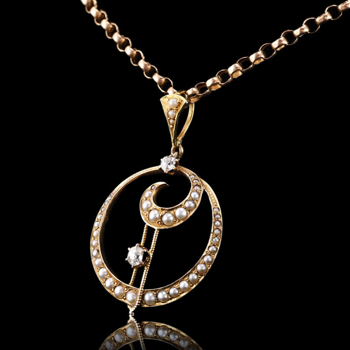 Antique Diamond and Pearl Pendant Necklace 14K Gold Double Crescent Moon c.1900