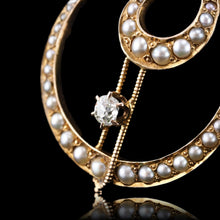 Load image into Gallery viewer, Antique Diamond and Pearl Pendant Necklace 14K Gold Double Crescent Moon c.1900
