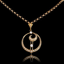 Load image into Gallery viewer, Antique Diamond and Pearl Pendant Necklace 14K Gold Double Crescent Moon c.1900
