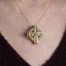 Load image into Gallery viewer, Antique Diamond and Pearl Cross Brooch/Pendant 15K Gold c.1880
