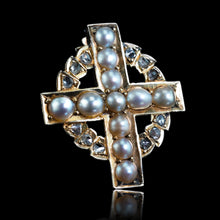 Load image into Gallery viewer, Antique Diamond and Pearl Cross Brooch/Pendant 15K Gold c.1880
