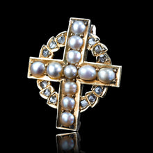 Load image into Gallery viewer, Antique Diamond and Pearl Cross Brooch/Pendant 15K Gold c.1880
