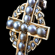 Load image into Gallery viewer, Antique Diamond and Pearl Cross Brooch/Pendant 15K Gold c.1880
