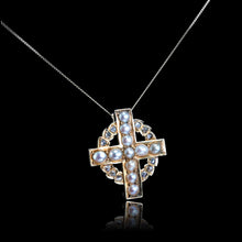 Load image into Gallery viewer, Antique Diamond and Pearl Cross Brooch/Pendant 15K Gold c.1880
