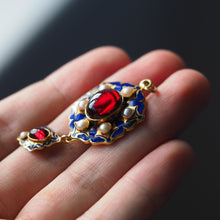 Load image into Gallery viewer, Antique Victorian Holbeinesque Pendant Necklace Garnets Pearls 18K Gold - c.1857
