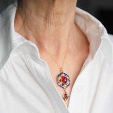 Load image into Gallery viewer, Antique Victorian Holbeinesque Pendant Necklace Garnets Pearls 18K Gold - c.1857
