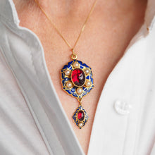 Load image into Gallery viewer, Antique Victorian Holbeinesque Pendant Necklace Garnets Pearls 18K Gold - c.1857
