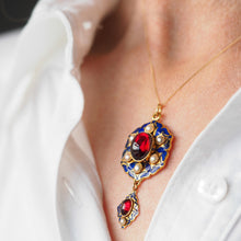 Load image into Gallery viewer, Antique Victorian Holbeinesque Pendant Necklace Garnets Pearls 18K Gold - c.1857
