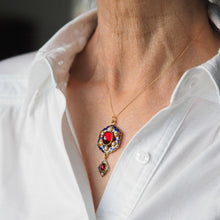 Load image into Gallery viewer, Antique Victorian Holbeinesque Pendant Necklace Garnets Pearls 18K Gold - c.1857
