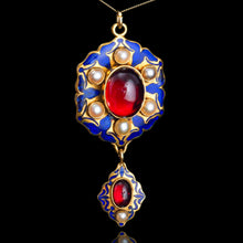 Load image into Gallery viewer, Antique Victorian Holbeinesque Pendant Necklace Garnets Pearls 18K Gold - c.1857
