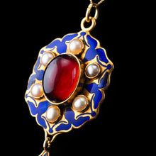 Load image into Gallery viewer, Antique Victorian Holbeinesque Pendant Necklace Garnets Pearls 18K Gold - c.1857
