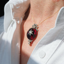 Load image into Gallery viewer, Antique Victorian Garnet &amp; Diamond Star Cabochon Brooch/Pendant 14K Gold c.1870
