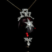 Load image into Gallery viewer, Antique Victorian Garnet &amp; Diamond Star Cabochon Brooch/Pendant 14K Gold c.1870

