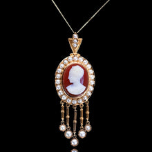 Load image into Gallery viewer, Antique Victorian Cameo Pendant Necklace with Pearls 14K Gold c.1880
