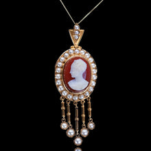 Load image into Gallery viewer, Antique Victorian Cameo Pendant Necklace with Pearls 14K Gold c.1880
