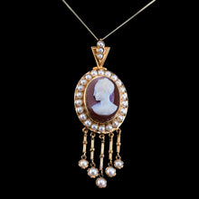 Load image into Gallery viewer, Antique Victorian Cameo Pendant Necklace with Pearls 14K Gold c.1880

