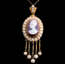 Load image into Gallery viewer, Antique Victorian Cameo Pendant Necklace with Pearls 14K Gold c.1880
