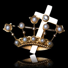 Load image into Gallery viewer, Antique Crown/Coronet Brooch Diamond &amp; Pearls with Cross 15K Gold - c.1890
