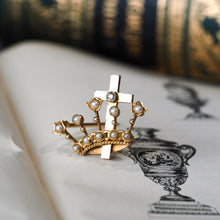 Load image into Gallery viewer, Antique Crown/Coronet Brooch Diamond &amp; Pearls with Cross 15K Gold - c.1890
