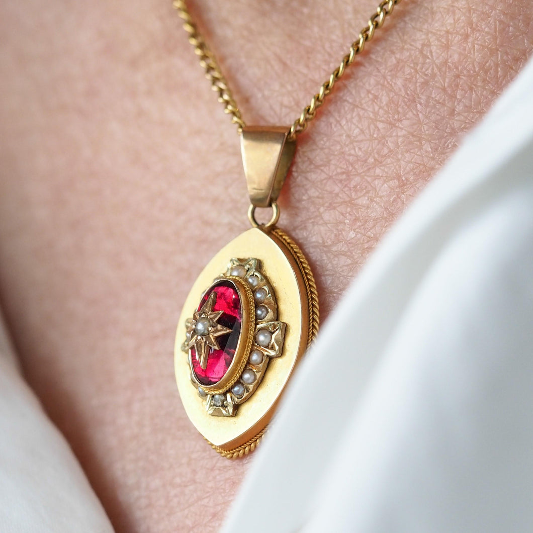 Antique Victorian Garnet & Pearl Pendant Necklace 14K Gold c.1880