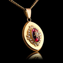 Load image into Gallery viewer, Antique Victorian Garnet &amp; Pearl Pendant Necklace 14K Gold c.1880
