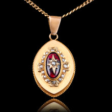 Load image into Gallery viewer, Antique Victorian Garnet &amp; Pearl Pendant Necklace 14K Gold c.1880
