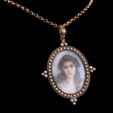 Load image into Gallery viewer, Antique Victorian Lady Portrait Pendant Necklace Pearls &amp; Diamond 9ct Gold
