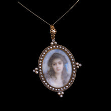 Load image into Gallery viewer, Antique Victorian Lady Portrait Pendant Necklace Pearls &amp; Diamond 9ct Gold
